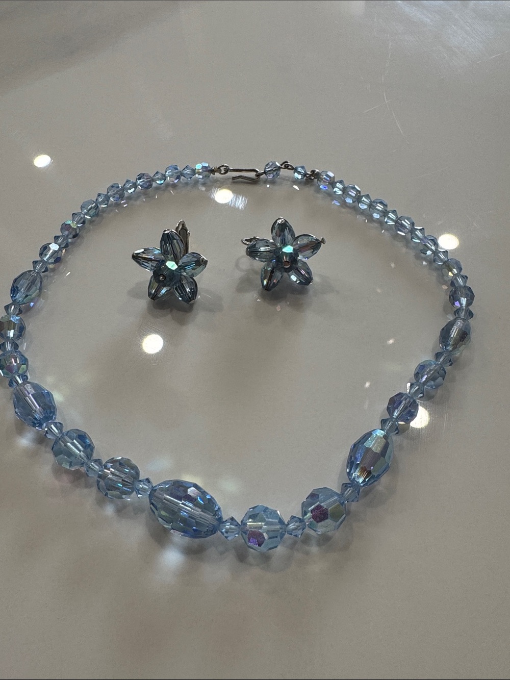 Light Blue Crystal Flower Necklace and Earrings Set